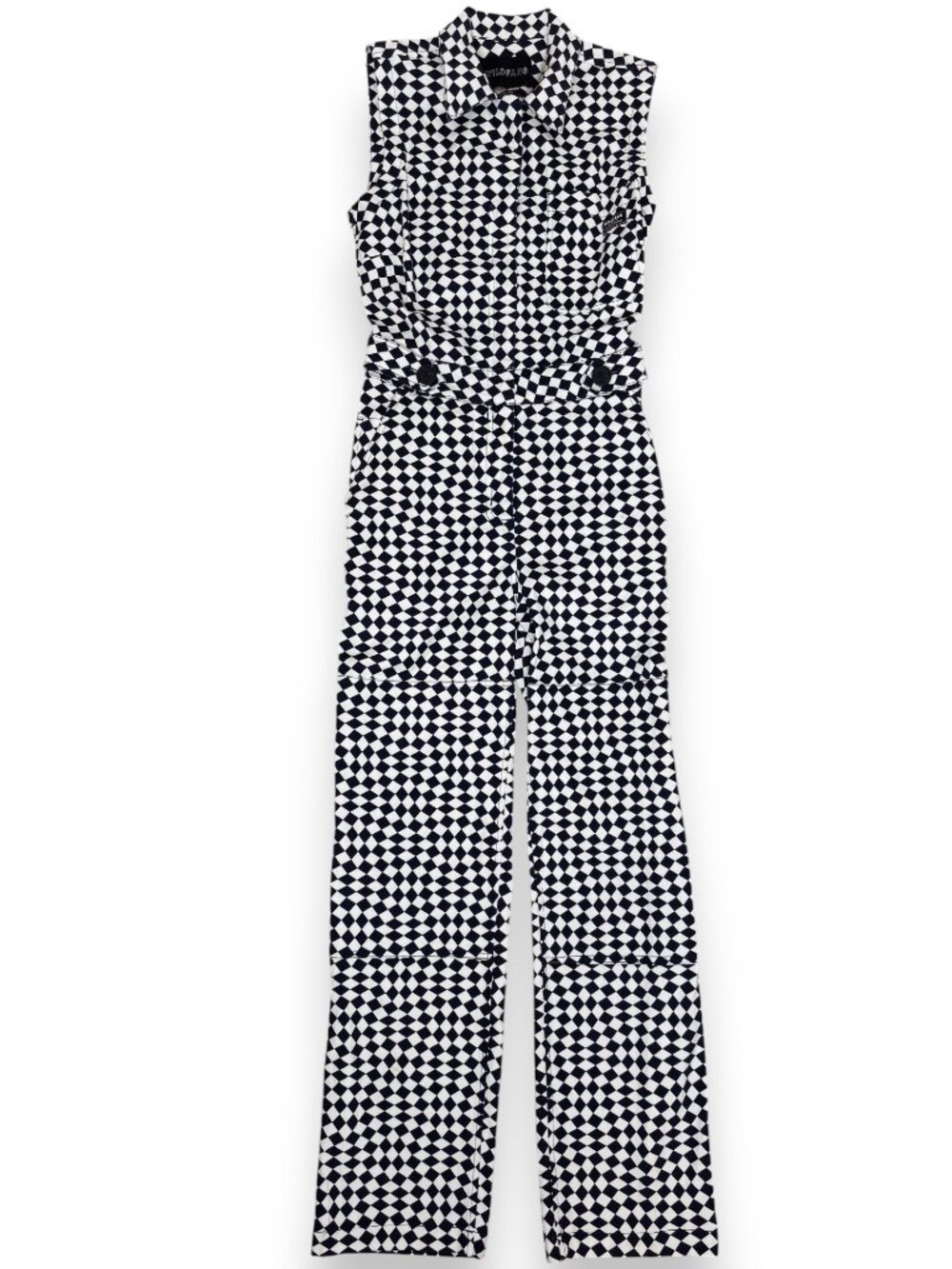 Wildfang Navy Blue White Diamond Argyle Print Sleeveless Jumpsuit Size XS